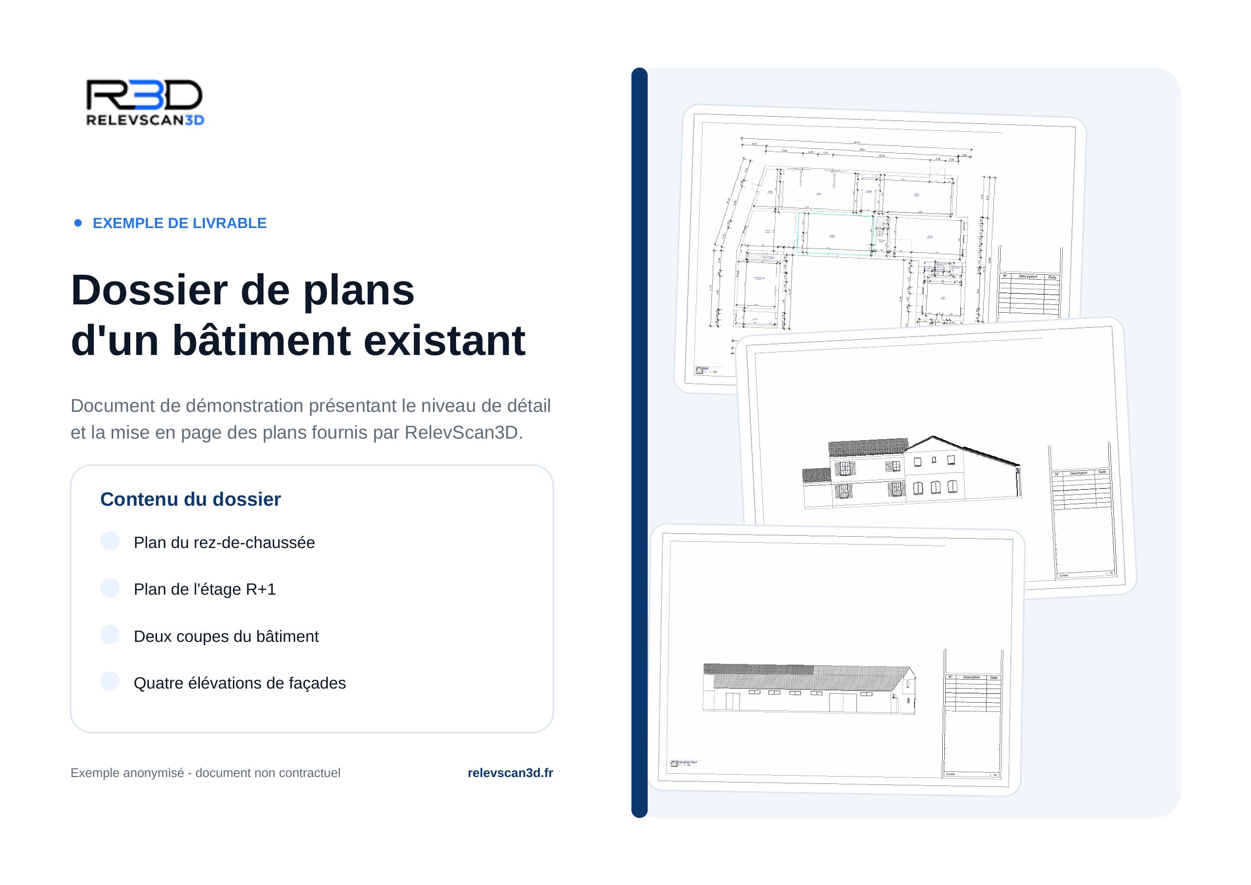 Première page de l'exemple de livrable RelevScan3D : plans cotés, façades et coupes
